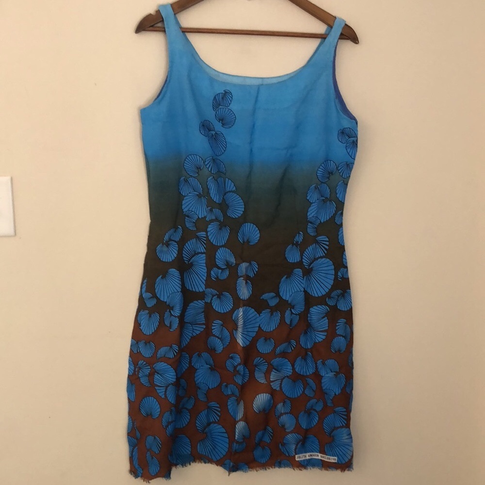 Blue Shell Patterned beach coverup tank dress fringe trim ultra lightweight LG